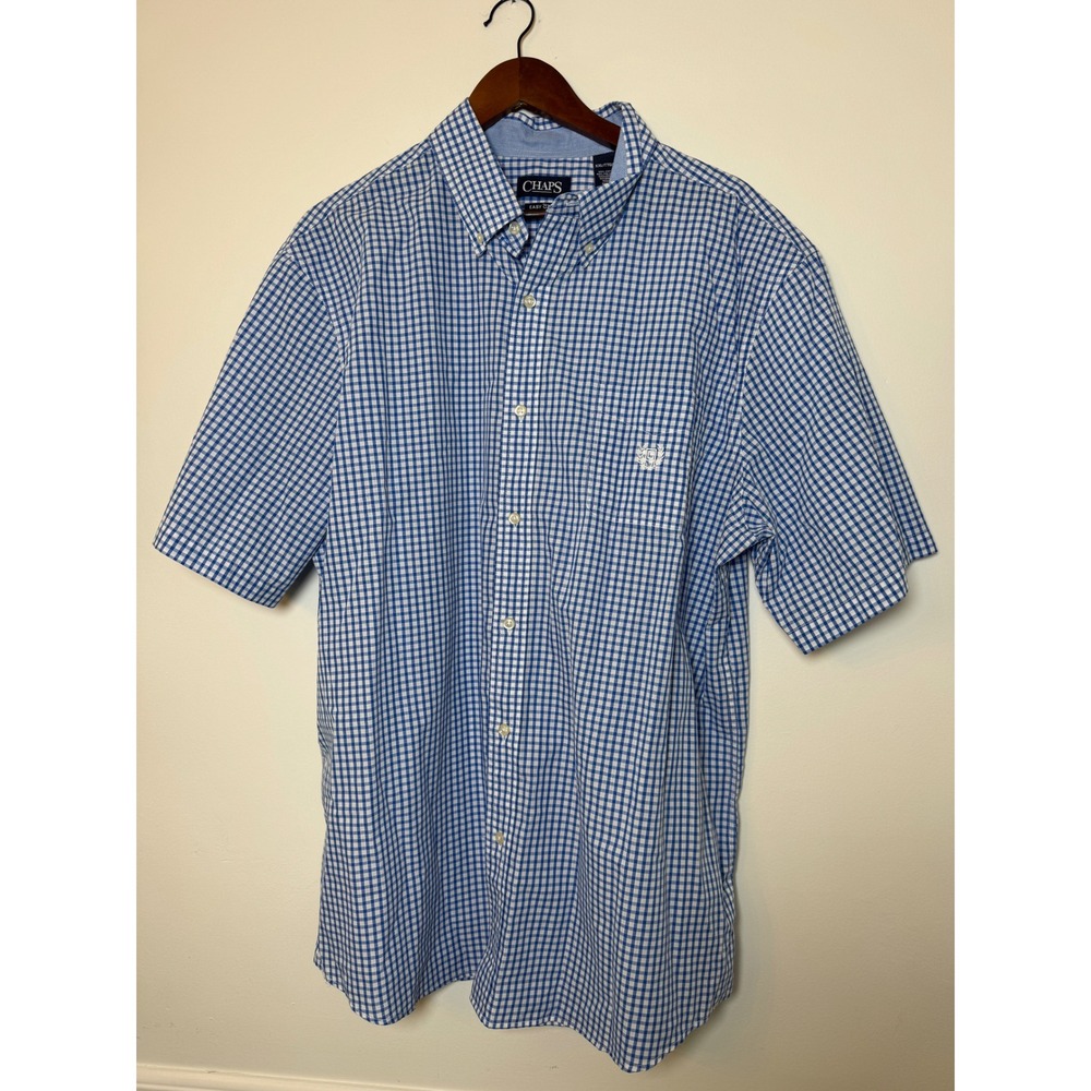 Chaps Mens XXL Blue Gingham Short‎ Sleeve Button Down Shirt Easy Care Plaid Logo